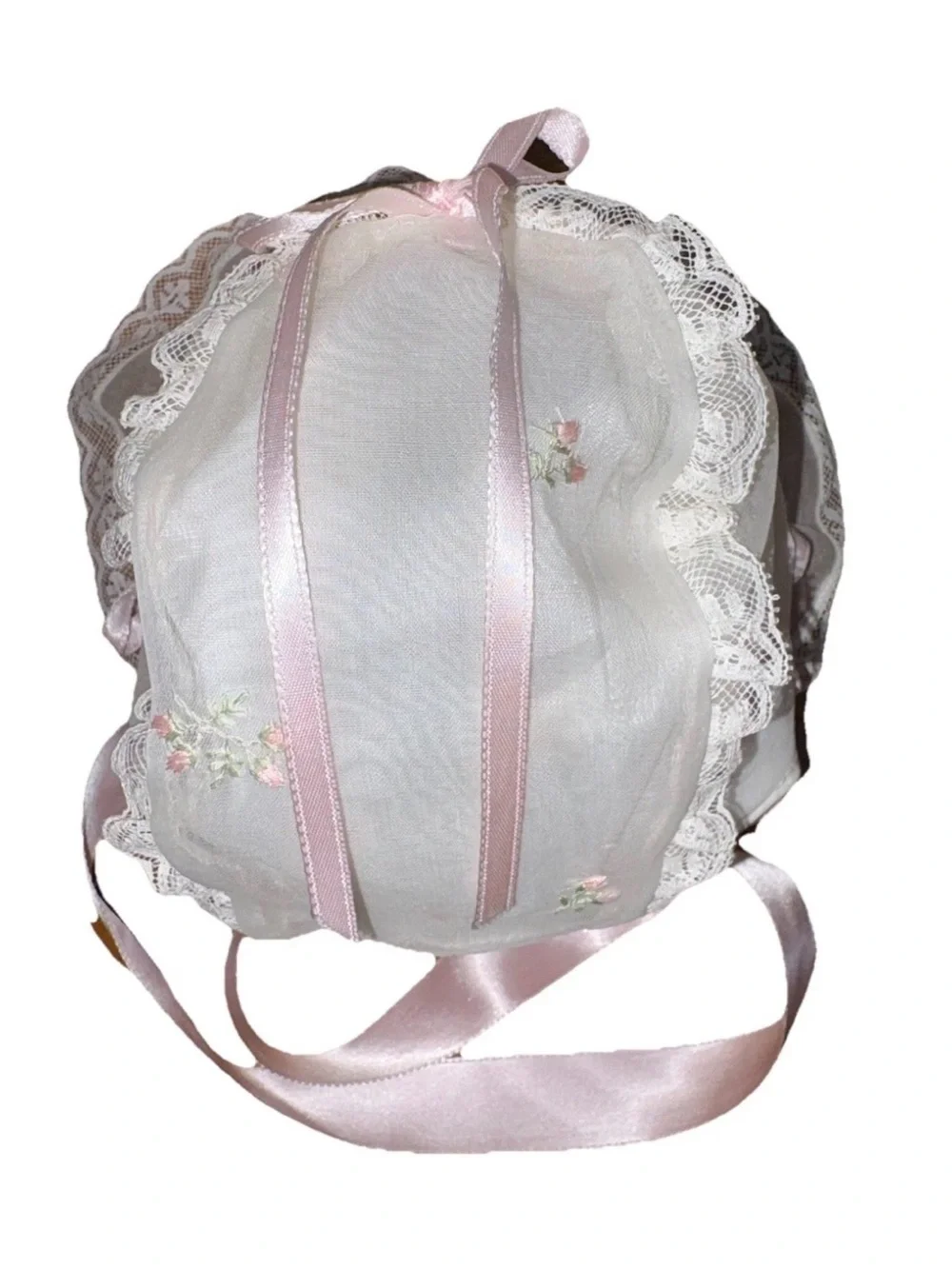 Vintage MCM 1952 Salkin & Linoff Sheer Ivory with Embroidery Baby Bonnet